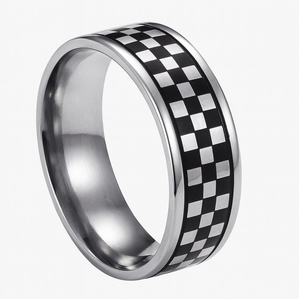 Stainless Steel Checkerboard Ring Black -  Silver Band Unisex Statement Ring